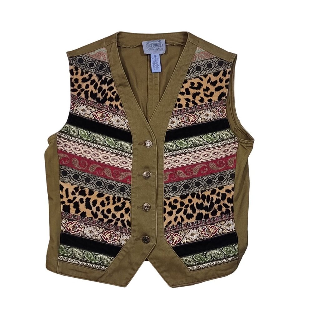 Cambridge Dry Goods Vest Green Denim Button Front Animal Paisley Print Medium
